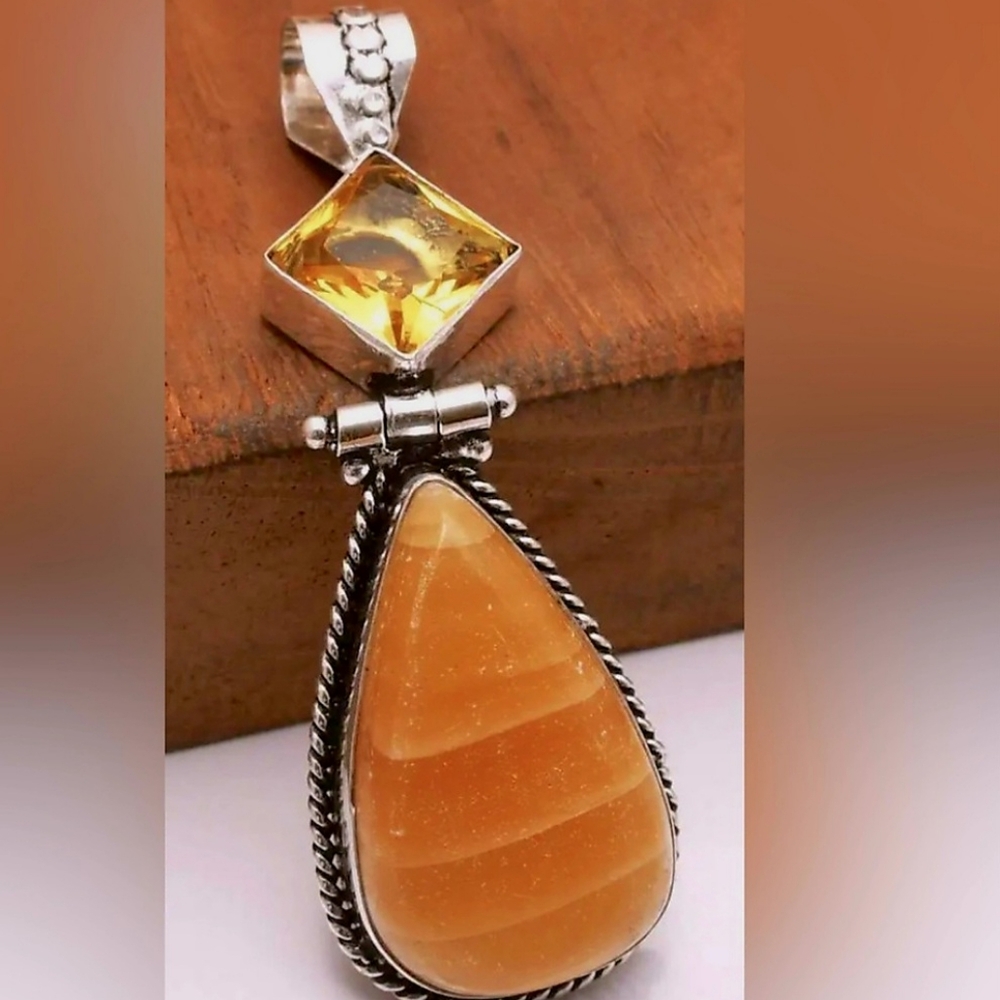 Handmade Yellow Lace Agate & Citrine Gemstone Pendant